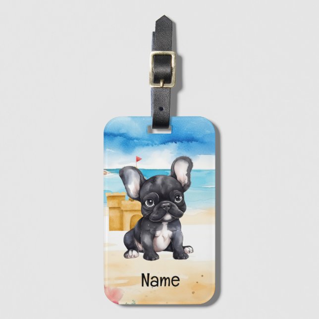 Étiquette À Bagage French Bulldog à la plage (Devant Vertical)