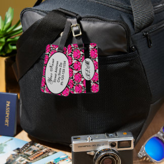 Étiquette À Bagage Fuchsia rose noir gris parisien Damask Monogramme
