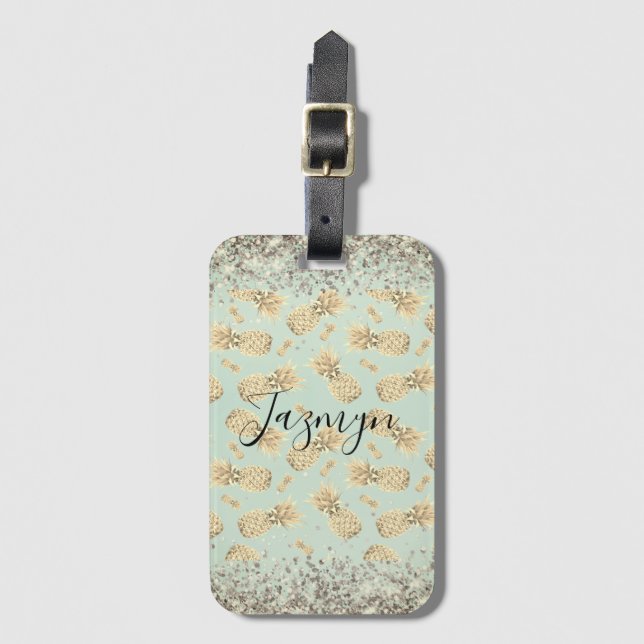 Étiquette À Bagage Fun Glittery Golden Pineappy Personnalisé (Devant Vertical)