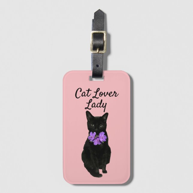 Étiquette À Bagage Funky Black Cat Photo Rose Personnalisé (Devant Vertical)