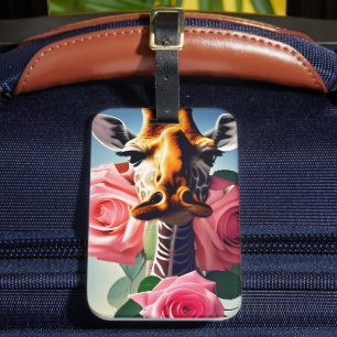 Étiquette À Bagage Funny Giraffe et Surreal Rose