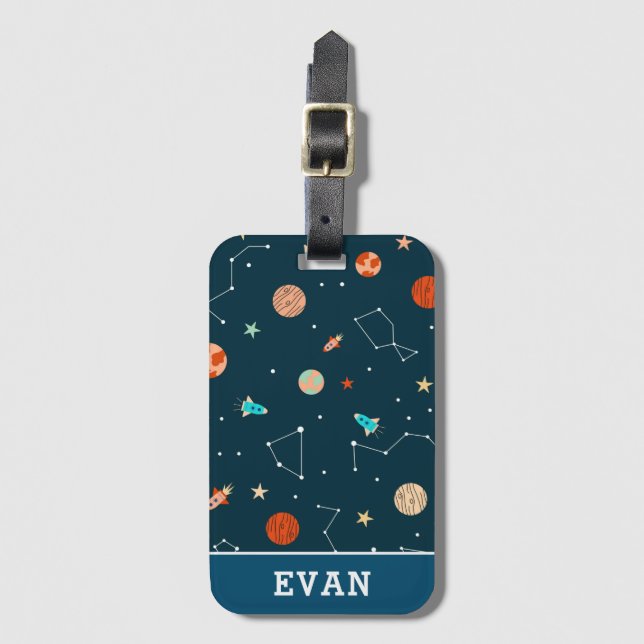 Étiquette À Bagage Garçons Cool Planètes spatiales Rockets & Nom Enfa (Devant Vertical)