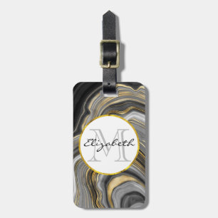 Étiquette À Bagage Géode d'or et de gris moderne Monogramme minéral