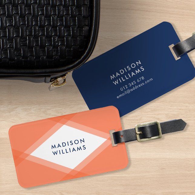 Étiquette À Bagage Géométrique moderne orange et bleu (Créateur téléchargé)