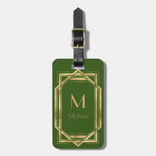 Étiquette À Bagage Géométrique verte et Gold   Monogramme et nom