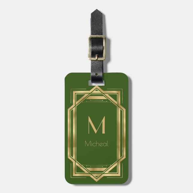 Étiquette À Bagage Géométrique verte et Gold | Monogramme et nom (Devant Vertical)