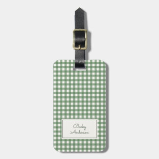 Étiquette À Bagage Gingham Pattern in Green with Name and Contact