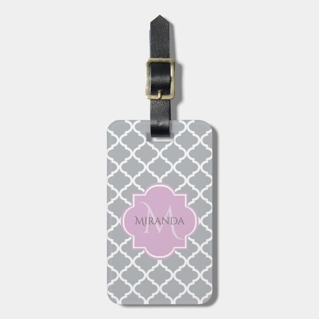 Étiquette À Bagage Girl Grey Quatrefoil Lavender Monogramme et nom (Devant Vertical)