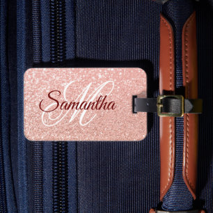 Étiquette À Bagage Girly Faux Rose Parties scintillant or Monogramme