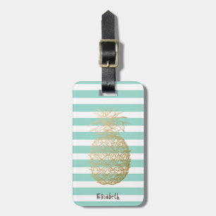 Étiquette À Bagage Girly Gold Ananas Menthe Rayures Blanches