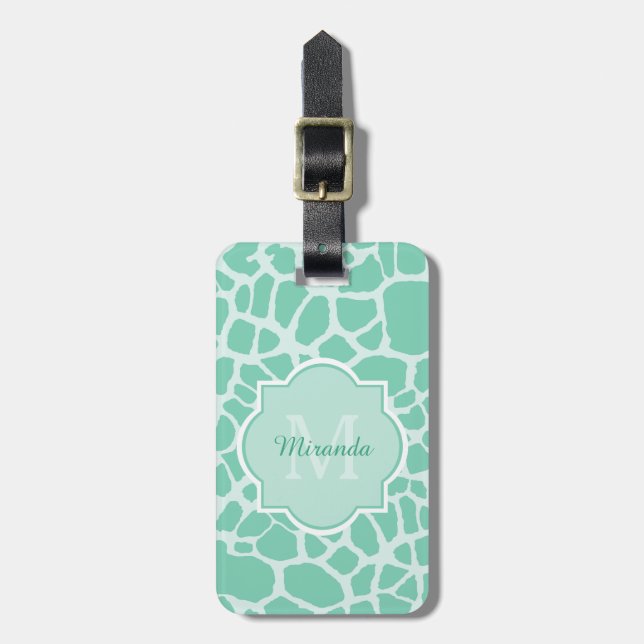 Étiquette À Bagage Girly Mint Green Giraffe Imprimer Monogramme et no (Devant Vertical)