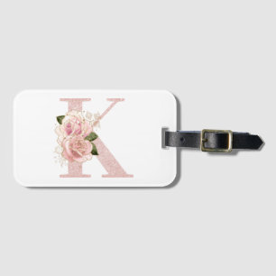 Étiquette À Bagage Girly Rose Gold Pâle Pailleté Floral Monogram K