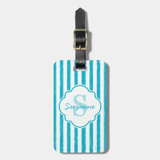 Étiquette À Bagage Girly Turquoise Peint Stripes Monogramme et nom (Devant Vertical)