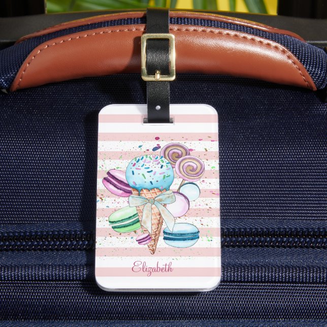Étiquette À Bagage Glace à l'aquarelle,Macarons,Rayes roses (Insitu Rectoal 2)