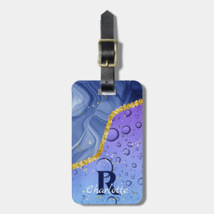 Étiquette À Bagage Glam Aqua Blue Water Droplets Ombre Monogramme