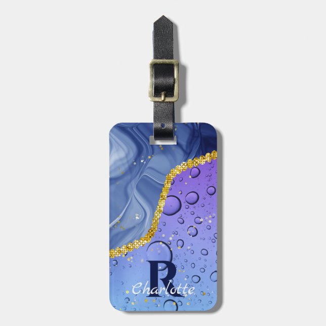 Étiquette À Bagage Glam Aqua Blue Water Droplets Ombre | Monogramme (Devant Vertical)