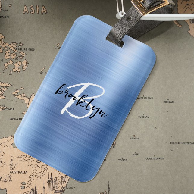 Étiquette À Bagage Glam Bleu Métal brossé Noir Blanc Monogramme (Créateur téléchargé)