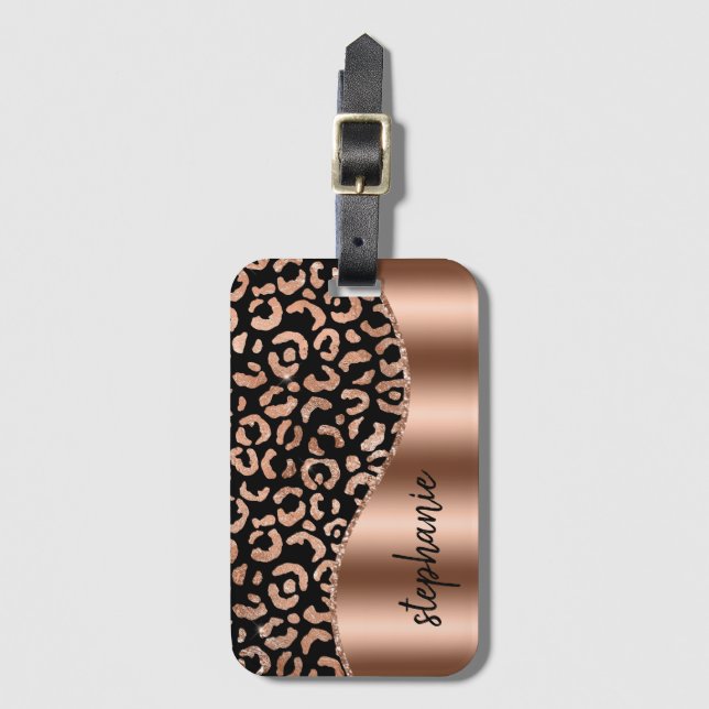 Étiquette À Bagage Glam Leopard Spots Rose Gold Black Metallic Nom (Devant Vertical)