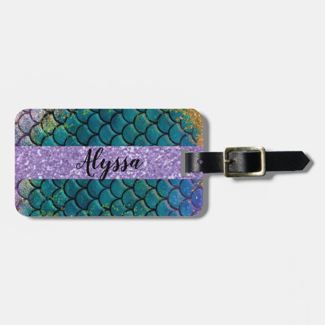 Étiquette À Bagage Glam Mermaid Balances de poisson Turquoise violet  (Devant horizontal)