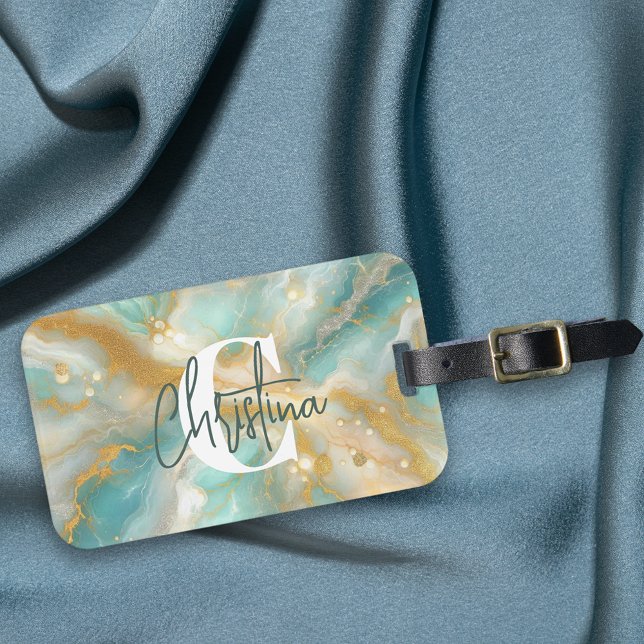 Étiquette À Bagage Glam moderne Luxueux Aquamarine Marble Parties sci (Créateur téléchargé)