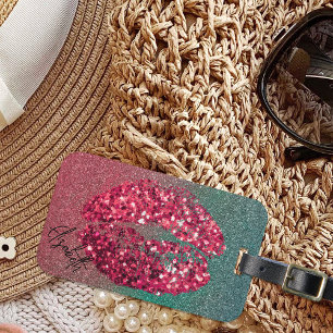 Étiquette À Bagage Glam moderne Rouge Glitter Kiss Lipstick Empreinte