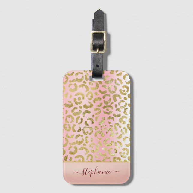 Étiquette À Bagage Glam Pink Ombre Gold Leopard Motif personnalisé (Devant Vertical)