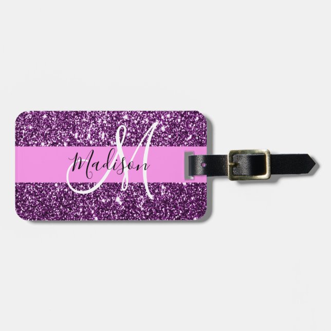 Étiquette À Bagage Glam Pink & Purple Parties scintillant Sparkings N (Devant horizontal)
