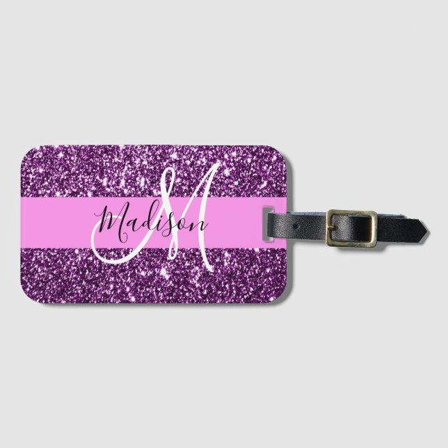Étiquette À Bagage Glam Pink & Purple Parties scintillant Sparkings N (Devant Horizontal)