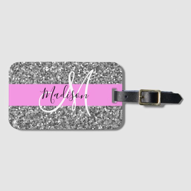 Étiquette À Bagage Glam Pink & Silver Parties scintillant étincelles  (Devant Horizontal)