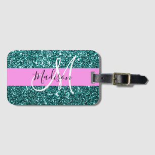Étiquette À Bagage Glam Pink Turquoise Parties scintillant verte Nom 