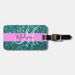 Étiquette À Bagage Glam Pink Turquoise Parties scintillant verte Nom 