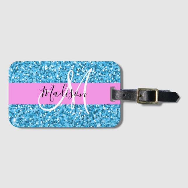 Étiquette À Bagage Glam Sky Blue Parties scintillant rose étincelles  (Devant Horizontal)