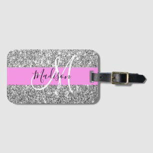 Étiquette À Bagage Glamour Rose & Paillettes d'Argent Monogramme Nom