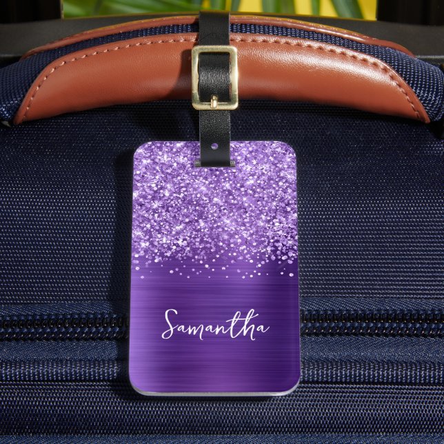 Étiquette À Bagage Glittery Amethyst Purple Glam Nom du script (Insitu Rectoal 2)
