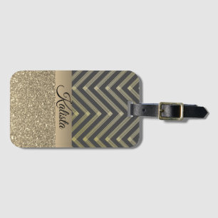 Étiquette À Bagage Glittery Gold et Black Chevron Personnalisé