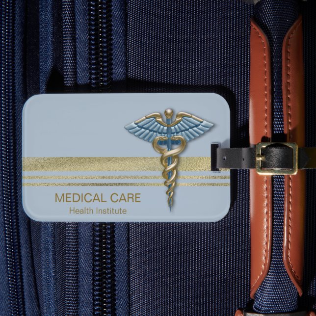Étiquette À Bagage Gold Faux Foil Stripes Médicale Bleu clair Caduceu (Insitu Rectoal 4)