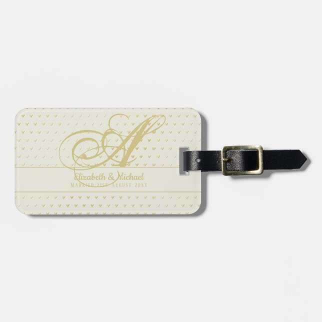 Étiquette À Bagage Gold Love Hearts Monogram Mariage Cadeau Newlyweet (Devant horizontal)