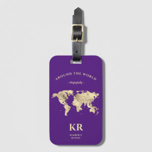 Étiquette À Bagage Gold World Map Monogram Voyageur Royal Purple