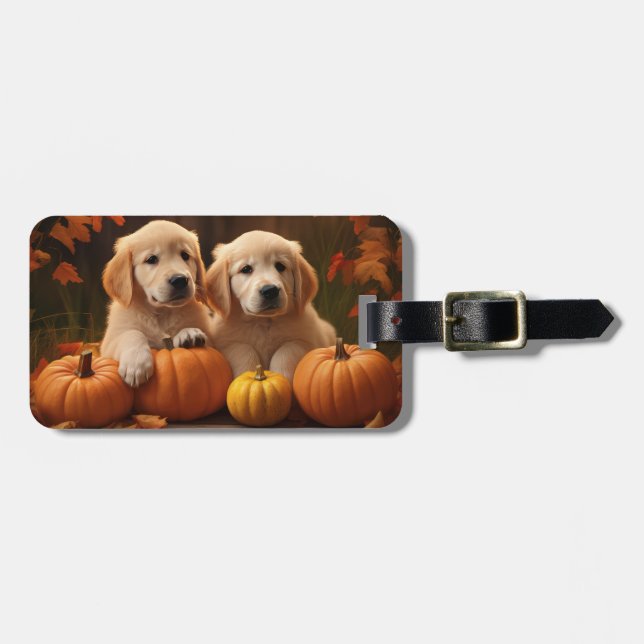 Étiquette À Bagage Golden Retriever Puppy Automne Citrouille de plais (Devant horizontal)