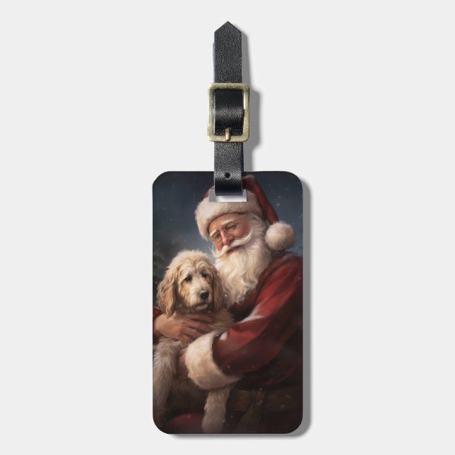 Étiquette À Bagage Goldendoodle avec Noël Festif du Père Noël (Devant Vertical)