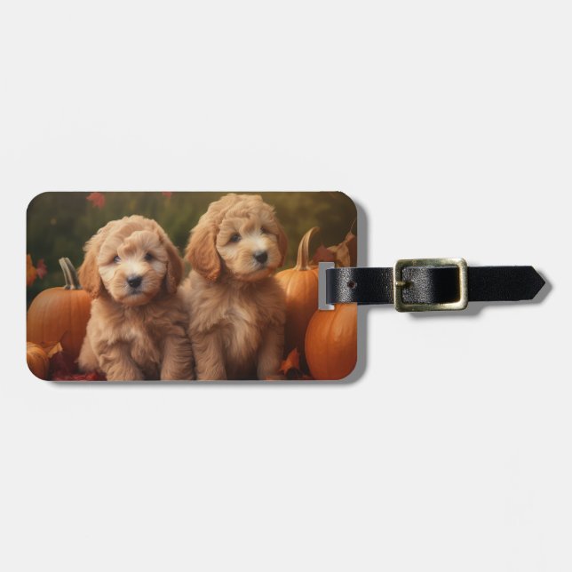 Étiquette À Bagage Goldendoodle Chiot Automne Citrouille délice (Devant horizontal)