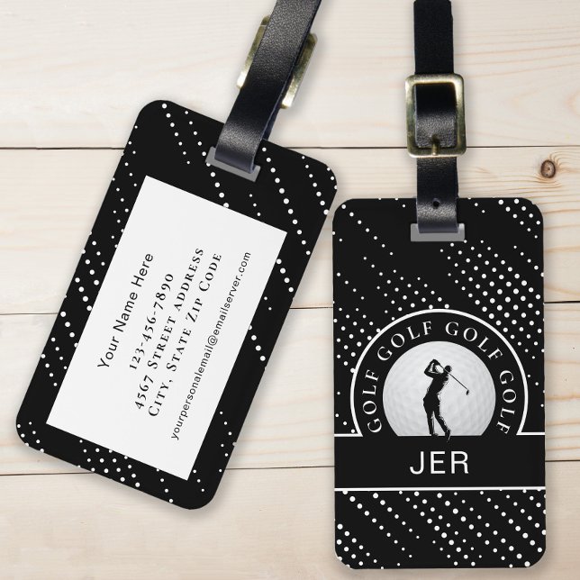 Étiquette À Bagage Golf Homme sur mesure Golfer Silhouette Noir & Bla (Custom Golf Male Golfer Silhouette Black & White Luggage Tag)