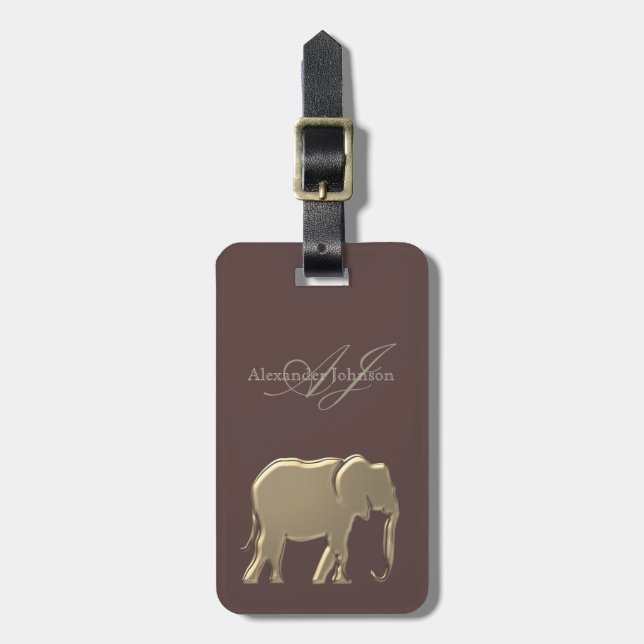Étiquette À Bagage Granite Brown et huile d'or Eléphant Monogramme (Devant Vertical)