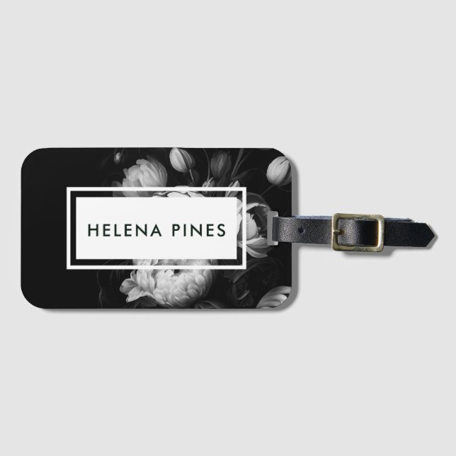 Étiquette À Bagage Gras Moody Painterly Flowers Noir et Blanc (Devant Horizontal)