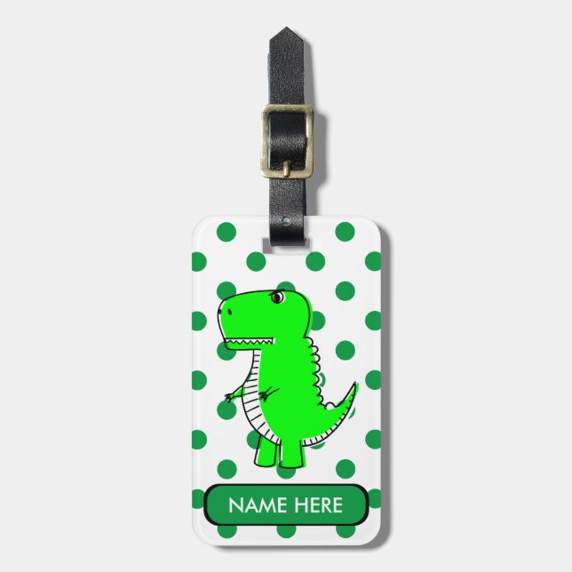 Étiquette À Bagage Green Dinosaur Green Pois Nom personnalisé (Devant Vertical)