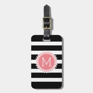 Étiquette À Bagage Grilles noires et blanches monogrammes et couronne
