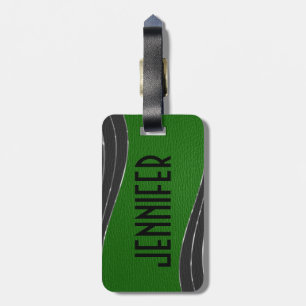 Étiquette À Bagage Gris Monographique Et Cuir Vert 2 Accents Argent