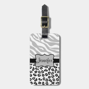 Étiquette À Bagage Gris, Noir & Blanc Zèbre & Cheetah Personnalisé