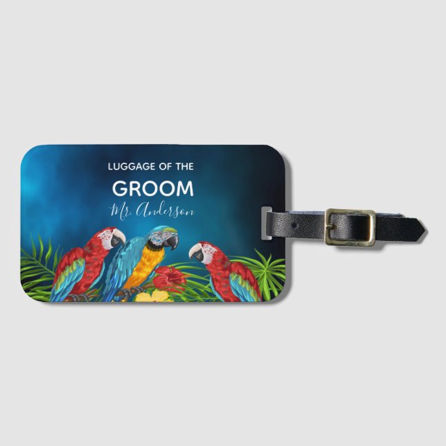 Étiquette À Bagage Groom tropical lune de miel perroquet bleu palmier (Devant Horizontal)