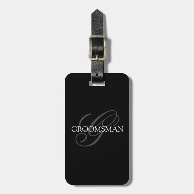 Étiquette À Bagage Groomsman Monogramme Gris noir (Devant Vertical)